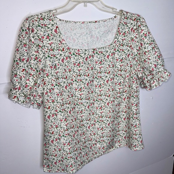 Source Unknown Tops - Floral Puff Sleeve Top Women M White Pink Square Neck Ruffle Coattage Girly Chic